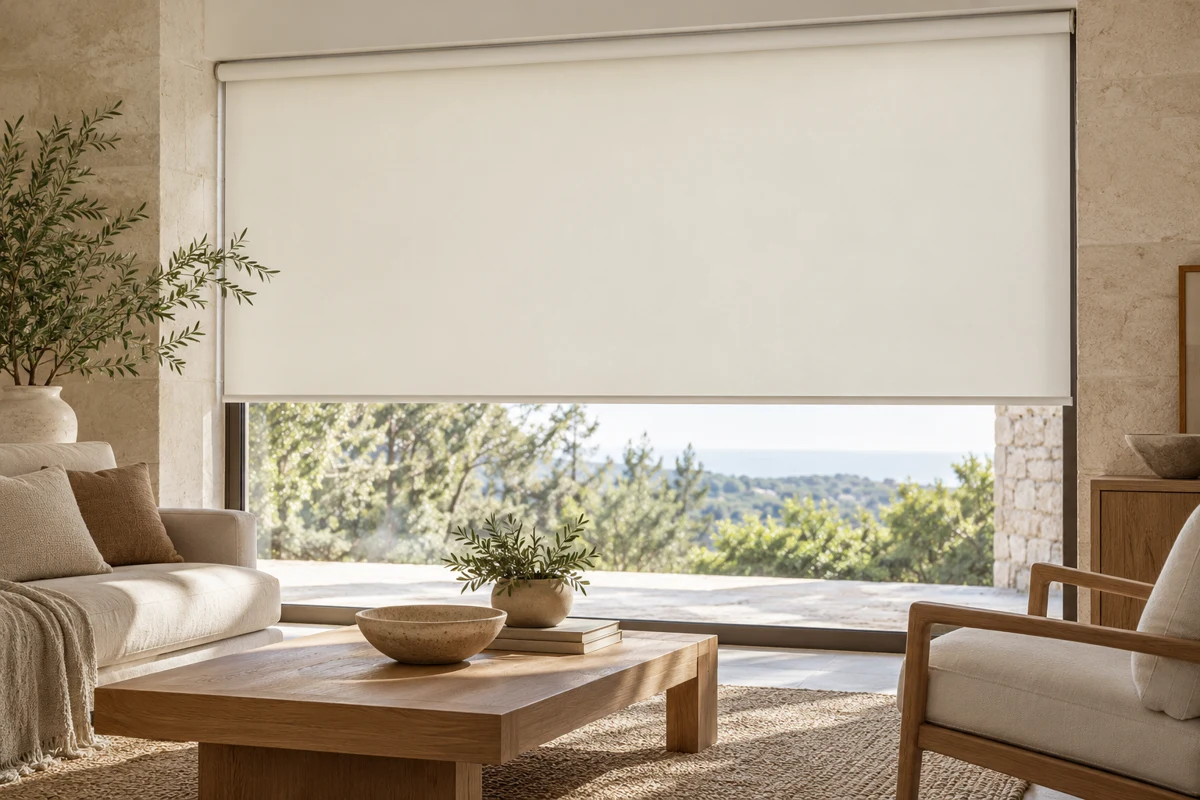 Açık renk düz stor perde ile doğal ışık alan modern salon